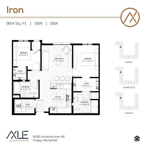 Floor plan for 2 beds, 2 baths, 954 sqft