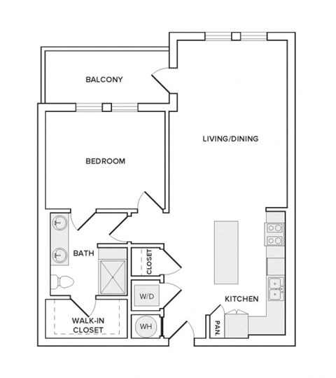 Floor plan for 1 bed, 1 bath, 895 sqft