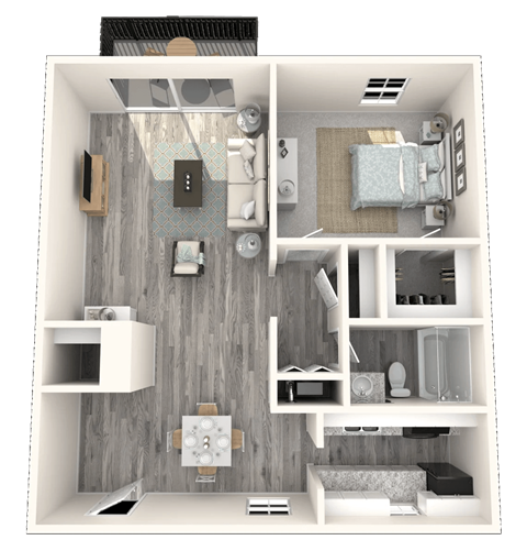 Floor plan for 1 bed, 1 bath, 671 sqft