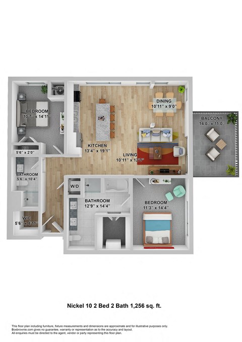 Floor plan for 2 beds, 2 baths, 1256 sqft