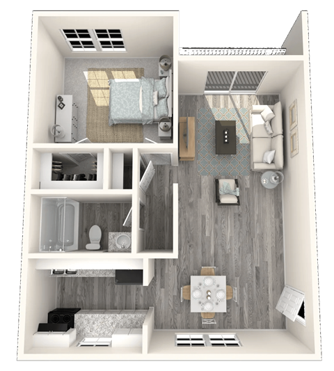 Floor plan for 1 bed, 1 bath, 832 sqft
