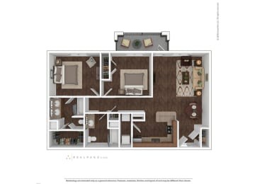 Floor plan for 2 beds, 2 baths, 1074 sqft