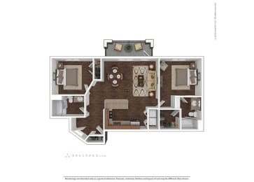 Floor plan for 2 beds, 2 baths, 954 sqft