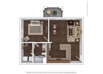 Floor plan for 1 bed, 1 bath, 630 sqft