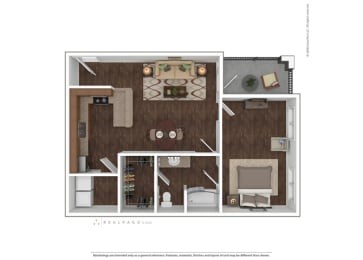Floor plan for 1 bed, 1 bath, 716 sqft