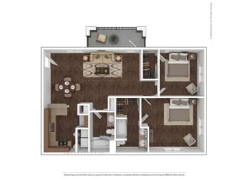 Floor plan for 2 beds, 2 baths, 996 sqft