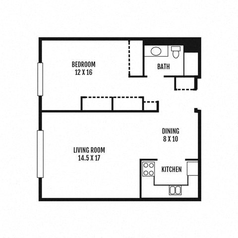 Floor plan for 1 bed, 1 bath, 740 sqft