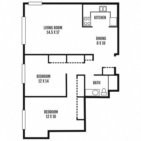 Floor plan for 2 beds, 1 bath, 900 sqft