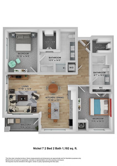 Floor plan for 2 beds, 2 baths, 1192 sqft