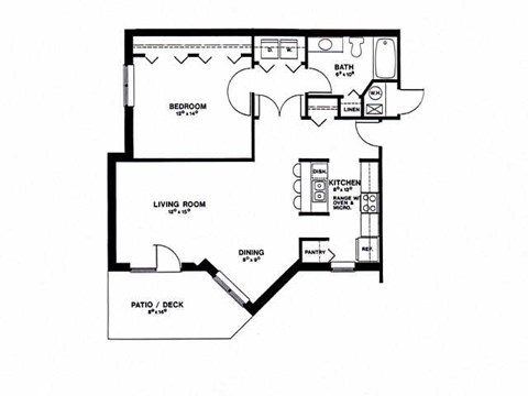 Floor plan for 1 bed, 1 bath, 864 sqft