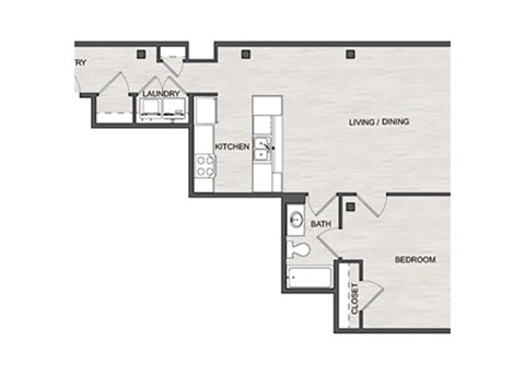 Floor plan for 1 bed, 1 bath, 770 sqft