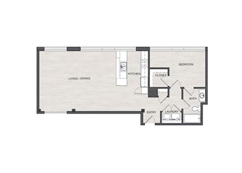 Floor plan for 1 bed, 1 bath, 890 sqft