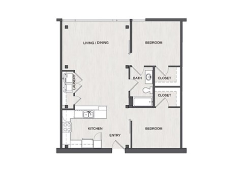 Floor plan for 2 beds, 1 bath, 930 sqft