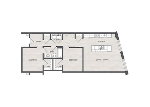 Floor plan for 2 beds, 1 bath, 950 sqft