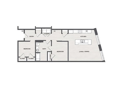 Floor plan for 2 beds, 1 bath, 950 sqft