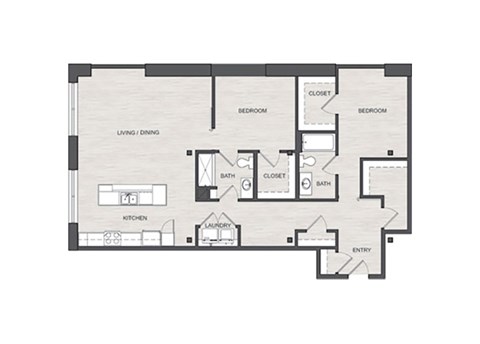 Floor plan for 2 beds, 2 baths, 1295 sqft