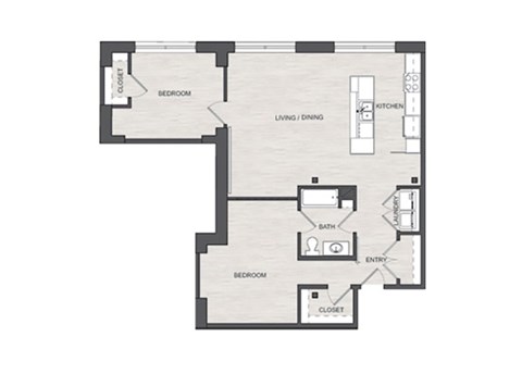 Floor plan for 2 beds, 1 bath, 1045 sqft