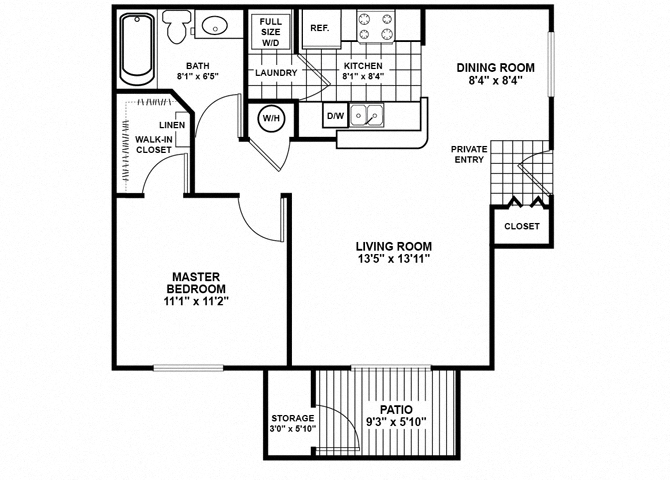 Floor plan for 1 bed, 1 bath, 801 sqft