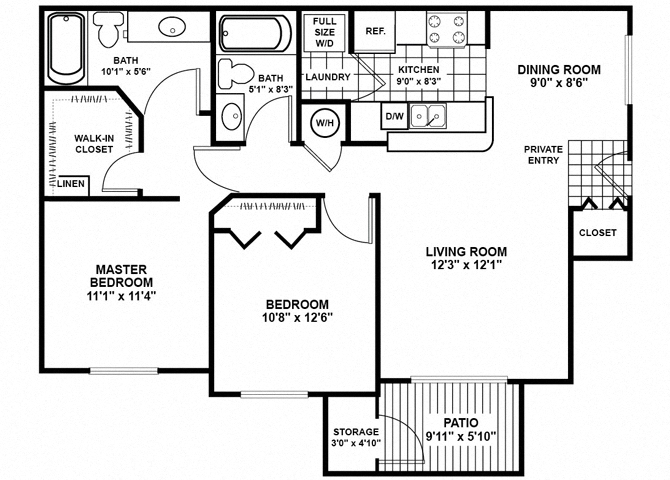 Floor plan for 2 beds, 2 baths, 1027 sqft