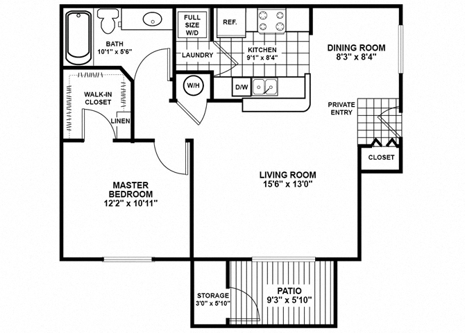 Floor plan for 1 bed, 1 bath, 867 sqft
