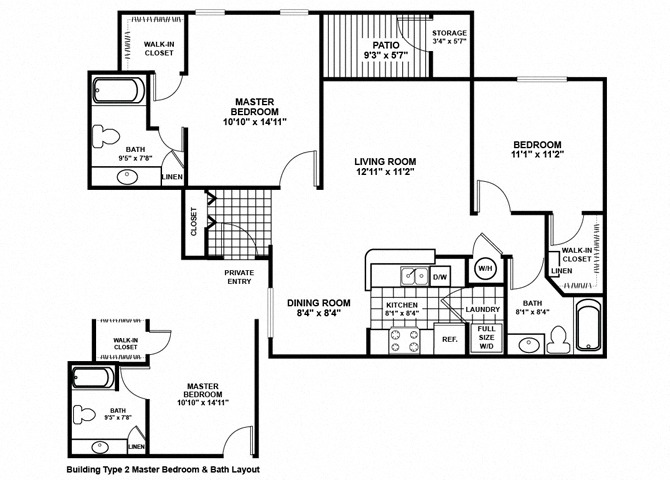 Floor plan for 2 beds, 2 baths, 1130 sqft