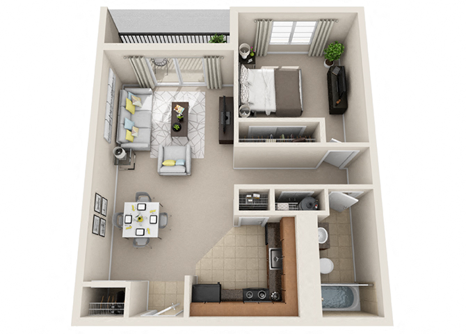 Floor plan for 1 bed, 1 bath, 670 sqft