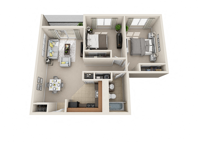 Floor plan for 2 beds, 1 bath, 860 sqft