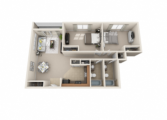 Floor plan for 2 beds, 2 baths, 958 sqft