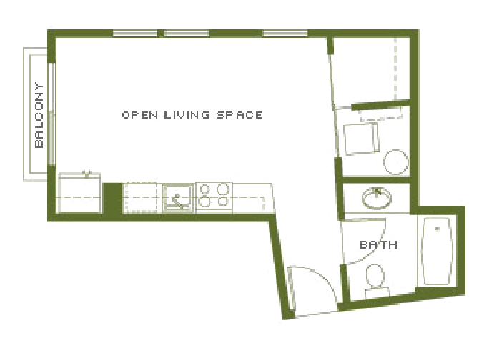Floor plan for studio, 1 bath, 409 sqft