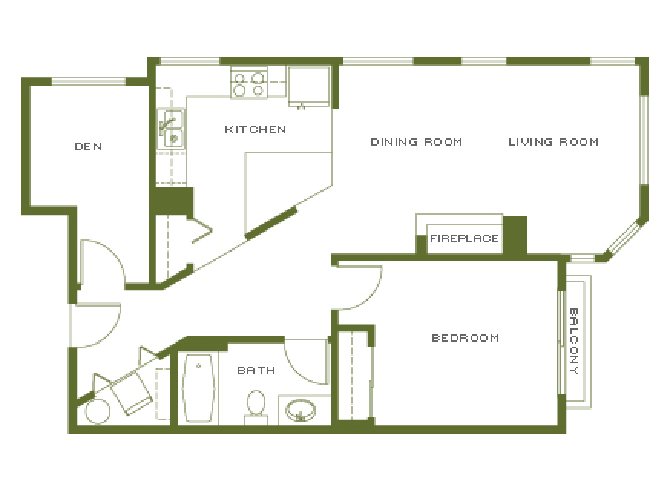 Floor plan for 1 bed, 1 bath, 830 sqft