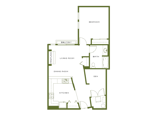 Floor plan for 1 bed, 1 bath, 920 sqft
