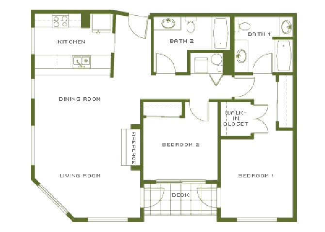 Floor plan for 2 beds, 2 baths, 1151 sqft