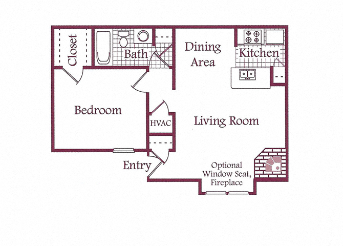 Floor plan for 1 bed, 1 bath, 617 sqft