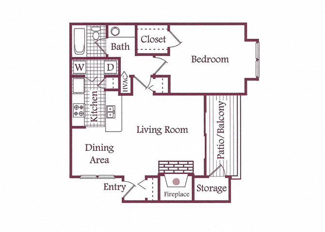 Floor plan for 1 bed, 1 bath, 766 sqft