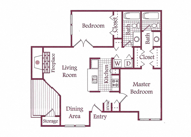 Floor plan for 2 beds, 2 baths, 984 sqft