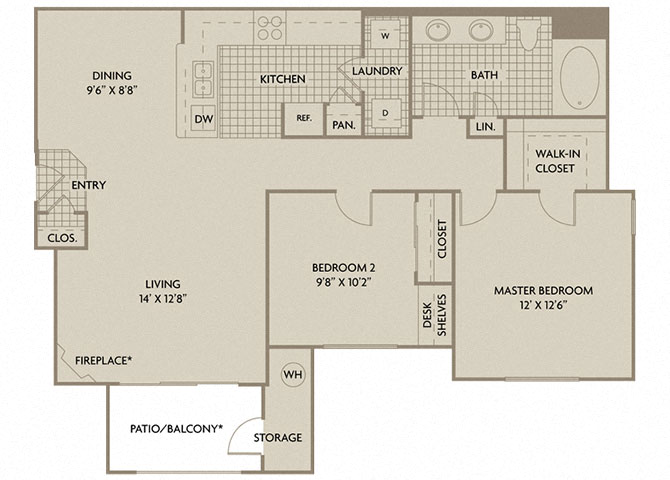 Floor plan for 2 beds, 1 bath, 970 sqft