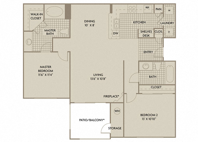 Floor plan for 2 beds, 2 baths, 1085 sqft