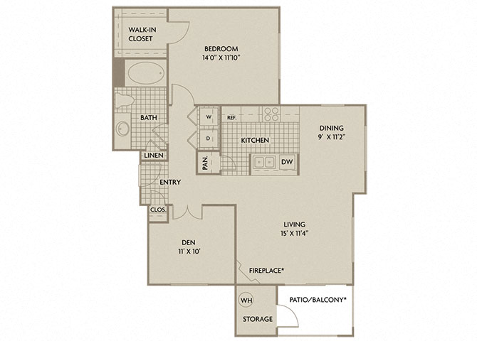 Floor plan for 1 bed, 1 bath, 975 sqft
