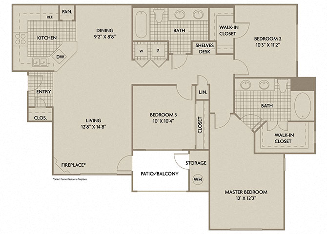 Floor plan for 3 beds, 2 baths, 1322 sqft