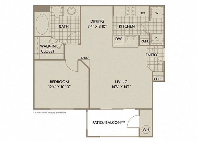 Floor plan for 1 bed, 1 bath, 715 sqft