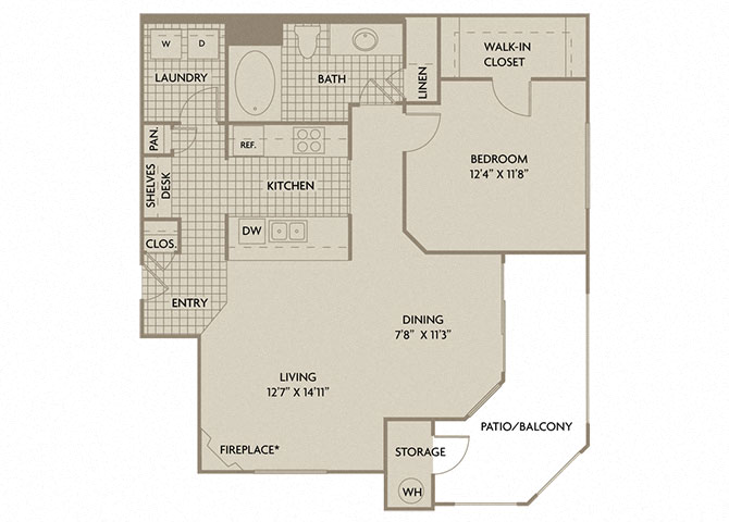 Floor plan for 1 bed, 1 bath, 850 sqft