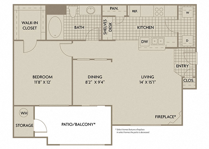 Floor plan for 1 bed, 1 bath, 820 sqft