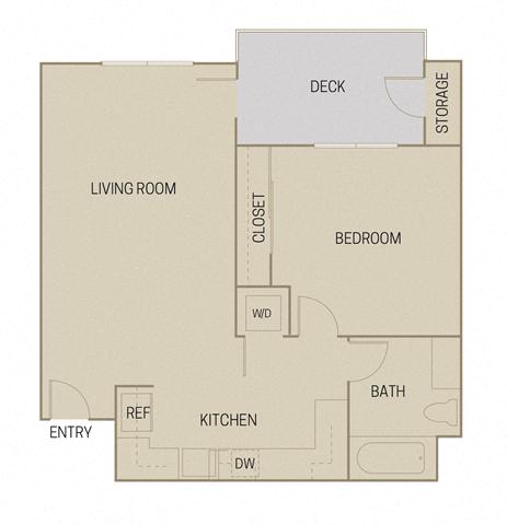 Floor plan for 1 bed, 1 bath, 728 sqft