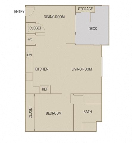 Floor plan for 1 bed, 1 bath, 806 sqft