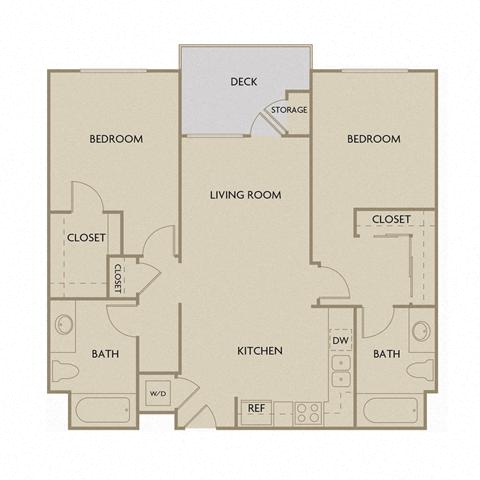Floor plan for 2 beds, 2 baths, 1073 sqft