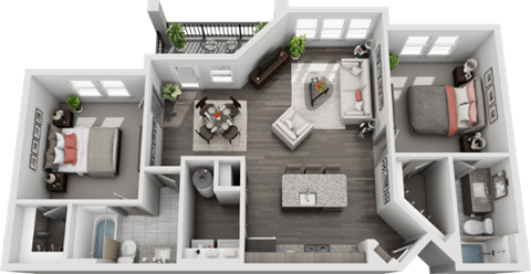 Floor plan for 2 beds, 2 baths, 1055 sqft