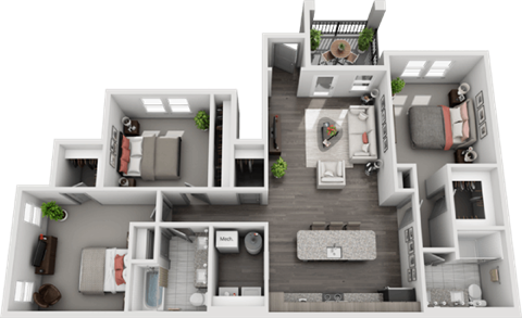 Floor plan for 3 beds, 2 baths, 1355 sqft