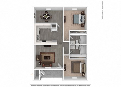 Floor plan for 2 beds, 2 baths, 1043 sqft