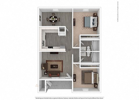 Floor plan for 2 beds, 2 baths, 1043 sqft