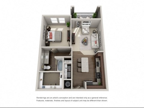 Floor plan for 1 bed, 1 bath, 743 sqft